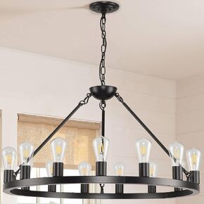 Wagon Wheel Chandelier Farmhouse 53" 30-Light Large Black Farmhouse Round Wheel Chandelier Light fixtures Outdoor Wagon Wheel Chandeliers for Porch high Ceilings Dining Room Living Room