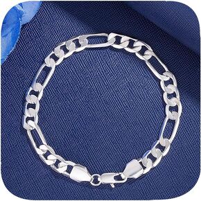 925 Sterling Silver Flat Figaro Chain Mariner Link Chain 8mm Solid Italy Link Women's Men's Bracelet 22 cm / 8.7 inches