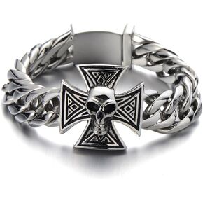 COOLSTEELANDBEYOND Mens Large Skull Cross Bracelet Stainless Steel Curb Chain Biker Gothic Silver Color Polished