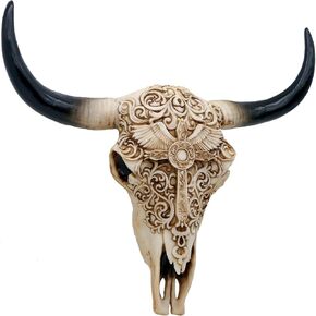Western Cow Skull Wall Decor - 12.2"Long Realistic Animal Head Wall Hanging Art Boho Cross Steer Bison Buffalo Wall Mounted Bull Cow Horned Skull Home Wall Ornament