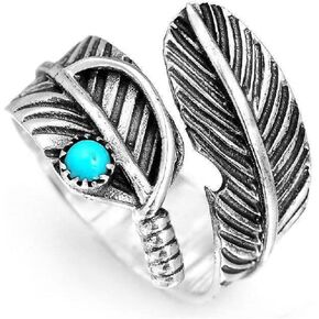 Adjustable Turquoise Boho-Magic 925 Sterling Silver and Brass Leaf Adjustable Ring for Women，Feather Leaf Ring Stacking Ring Vintage Statement Ring for Women & Men
