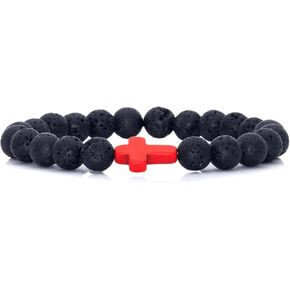 Xusamss Cross Bead Bracelet 8MM Lava Rock Turquoise Tiger Eye Onyx Stone Bracelet,7 1/2 Wrist