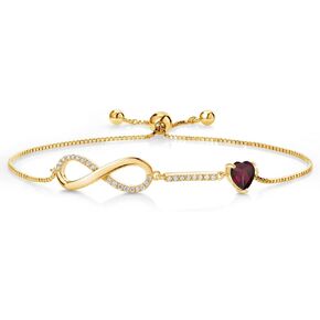Gem Stone King 18K Yellow Gold Plated Silver Heart Shape 6MM Gemstone Birthstone and White Moissanite Infinity Tennis Bracelet For Women Fully Adjustable Up to 9 Inch