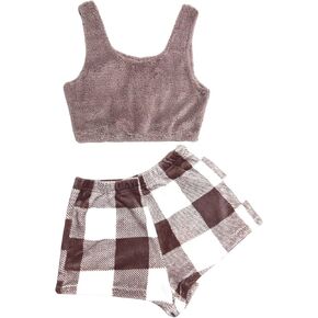 SOLY HUX Women's Short Pajama Set Flannel Crop Tank Top with Plaid Shorts Lounge Sets 2 Piece Sleepwear