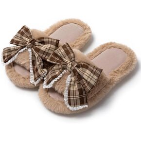 Verdusa Women's Bow Tie Fuzzy Lace House Slippers Open Toe Plush Warm Slipper Slides