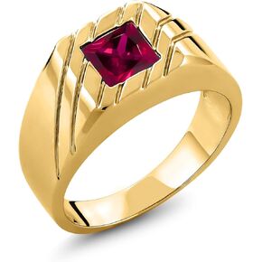 Gem Stone King 1.00 Ct Princess Red Created Ruby 18K Yellow Gold Plated Silver Men's Ring