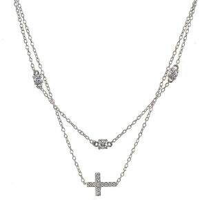 Sterling Silver Cubic Zirconia Sideways Cross Layered Choker Necklace