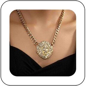 Punk Lion Curb Chain Choker Necklace Gold Lion Head Pendant Necklace Chunky Link Chain Necklace Statement Lion Thick Chain Necklace Jewelry for Women Gifts