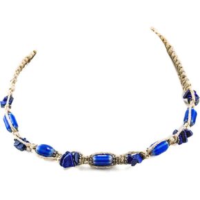 Hemp Choker with Blue Glass Oval Bead and Lapis Semi Precious Stone Chips