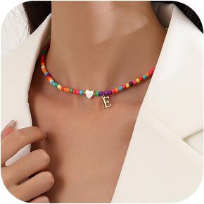Initial Necklaces for Women Colorful Beaded Necklace 14K Gold Plated Initial Charm Necklace Bohemian Rainbow Beaded Necklace Boho Heart Pendant Choker Necklace Dainty Gold Personalized A-Z Letter Alphabet Choker Birthday Jewelry Gifts