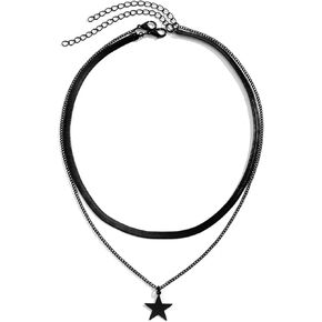 2Pcs Layered Gothic Black Beaded Star Choker Necklace Set for Women Punk Vintage Adjustable Chain Tassel Herringbone Collar Necklace Hip Hop Bar Jewelry