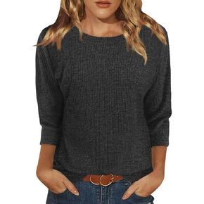 Womens Tops 3/4 Sleeve Shirts Round Neck Loose Casual Blouses Black Gray