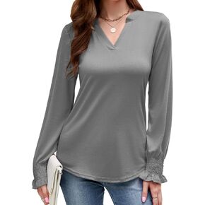 LuckyMore Women's Puff Long Sleeve Tunic Tops Smocked V Neck Casual Fall Blouses T Shirts