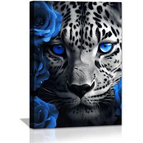 Leopard Framed Canvas Wall Art Blue Eyes and Blue Roses Wall Decor Captivating Close-up of Leopard's Face Perfect Modern Home Decor for Living Room Home Bedroom Decoration 12"x16"