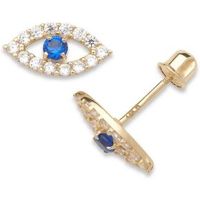 JewelryWeb Solid 14k Yellow Gold Turquoise or White or Blue Cubic Zirconia Protection Evil Eye Post Screw-back Stud (10mm x 5mm) (Blue)