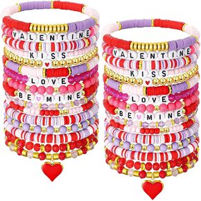 Sasylvia Valentine's Day Bracelets Surfer Heishi Pink Purple Preppy Bracelets Friendship Clay Beaded Bracelet Summer Elastic Stretch String Stackable for Women Party