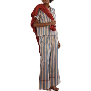 ROAONOCOMO Women Striped 2 Piece Pajama Set Long Sleeve Button Down Blouse Gingham Wide Leg Lounge Pants Sets Sleepwear