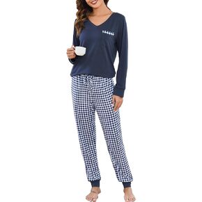 Vlazom Women's Pajama Set 2 Pieces Soft Sleepwear Set Warm Long Sleeve Sweatshirt and Long Plaid Pants with Pockets S-XXL