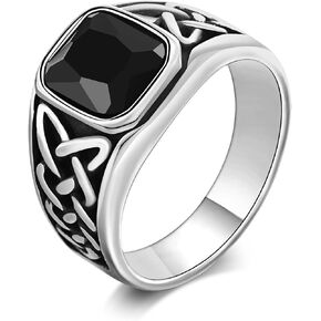 Men's Celtic Knot Onyx Ring - Stainless Steel Irish Celtic Knot Ring Band Black Stone Agate Onyx Rings for Men, Signet Ring Jewelry for him, Gift for Dad Husband,Size 9