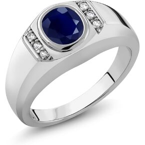 Gem Stone King 1.85 Cttw Blue and White Sapphire Ring For Men | 925 Sterling Silver | Oval 8X6MM | Gemstone Birthstone | Available In Size 7, 8, 9, 10, 11, 12, 13