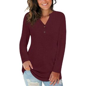 Netsmile Womens Long Sleeve Tunic Tops Henley Shirt V-Neck Button Down Blouse Casual Pleated Basic Pullover, 2XL, Wine Red