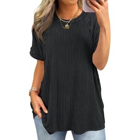 Tankaneo Womens Oversized T Shirts Summer Ribbed Knit Cuffed Short Sleeve Tunic Tops Casual Loose Fit Tees
