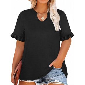 TAKEYAL Plus Size Tops for Women V Neck Ruffle Sleeve T Shirts Trendy Summer Casual Blouse Tees 2024