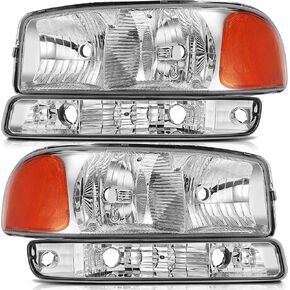 Headlight Assembly for GMC Sierra 1500 1999-2006 for GMC Sierra 1500 Classic 2007 for GMC Sierra 2500 1999-2004 Chrome Housing Amber Reflector Clear lens Driver and Passenger Side Headlamp