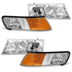 for 1998 1999 2000 2001 2002 Mercury Grand Marquis Headlight Assembly 1998-2002 Mercury Grand Marquis Clear Lens Chrome Housing Amber Reflector Driver and Passenger Side