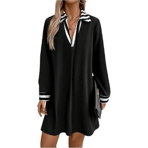 SweatyRocks Women's Striped Long Sleeve Short Dress Oversized Collar V Neck Work Office Dresses