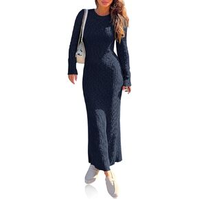 Wenrine Womens Sweater Maxi Dress Long Sleeve Knit Ribbed Crew Neck Slim Fit Casaul Fall Long Dresses Navy