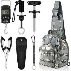 Hungdao 7 Pcs Fishing Tool Kit Fishing Backpack Kit Fishing Pliers Kit Fishing Gear Fish Hook Remover Digital Fish Scale Fish Gripper Sheath Lanyards Fish Hook Separator