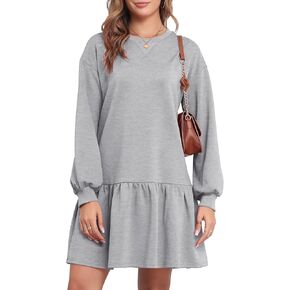 Dokuritu Sweatshirt Dress for Women Crewneck Long Sleeve Ruffled Patchwork Pullover Fall Dress Casual Sport Mini Dress