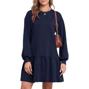Dokuritu Sweatshirt Dress for Women Crewneck Long Sleeve Ruffled Patchwork Pullover Fall Dress Casual Sport Mini Dress in Kuwait
