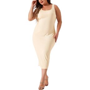 Agnes Orinda Plus Size Dress for Women Sleeveless Square Neck Bodycon Sundress Midi Tank Dress