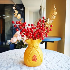 Chinese New Year Table Ornament, Artificial Branches Fortune Lucky Tree, Spring Festival Artificial Red Berry Flower Arrangement for Asian Lunar New Year Desktop Centerpiece