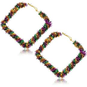 BVGA Mardi Gras Hoop Earrings for Women Oversized Geometric Square Star Purple Green Yellow Tinsel Wrapped Statement Hoop Earrings Jewelry Accessories Gifts for Fat Tuesday Carnival Parade Party