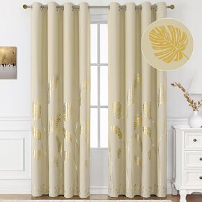 BUHUA Gold Foil Blackout Curtains Thermal Insulated Palm Tree Leaves Window Drapes Room Darkening Curtains for Living Room, 2 Panels (52x72 inch, Beige)