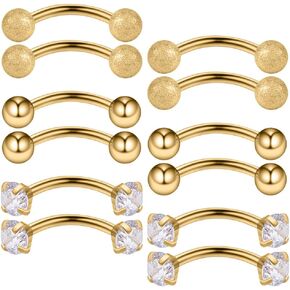Ruifan 12PCS 16G 3/8Inch Clear Cubic Zirconia & Ball Curved Barbell Eyebrow Belly Lip Tragus Ring Piercing Jewelry 10mm