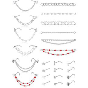 TEN MIRO Nose Chain Piercing Across Nose Surgical Steel Nostril Piercing Jewelry CZ L Shaped Nose Studs and Heart Chain 20g Nose Chain Piercing for Women(4.2MM)