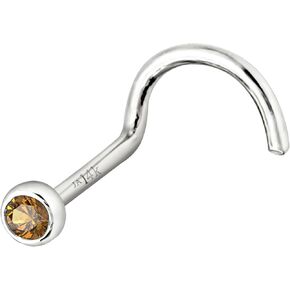 Solid 14K Gold Nose Screw Stud Bezel Set Citrine 22G Cork-screw Nose Stud - 14K White Gold / 14K Yellow Gold November Birthstone Nose Ring Stud