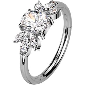 16GA ASTM F-136 Implant Grade Titanium Emerald Cut CZ Crystal with Marquise Leaves Hinged Segment Clicker Ring