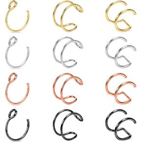 Fake Lip Piercing 12Pcs Fake Nose 18G/20G Fake Lip Rings Stainless Steel Fake Septum Piercing Faux Nose Rings for Women (8mm)-Rose gold,Steel,Gold,Black
