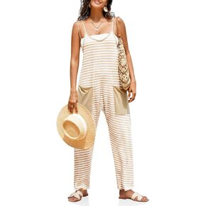Tankaneo Womens Casual Striped Jumpsuits Summer V Neck Overalls Loose Fit Long Pants Romper with Patchwork Pockets