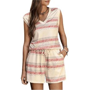 Verdusa Women's 2 Piece Outfit Striped Print V Neck Tank Top and Elastic Waist Shorts Set
