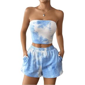 WDIRARA Women's 2 Piece Tie Dye Outfit Sleeveless Strapless Bandeau with Elastic Waist Shorts Set