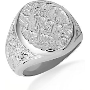 Men's Sterling Silver Freemason Square & Compass Oval Signet Filigree Ring