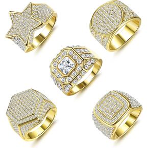 LOLIAS 5Pcs 18K Gold Plated Bling Pinky Ring Simulated Diamond Iced Out Ring Star Dollar Square Sign Punky Rappers Ring CZ Hip Hop Ring for Men