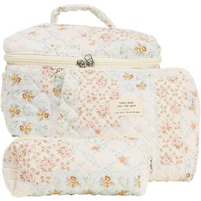 Quilted Makeup Bag Set, Cute Makeup Bag, Cotton Floral Makeup Bag Set, Aesthetic Coquette Toiletrybag, for Travel Toiletry (Patchwork)