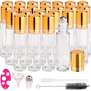 inice 24 Pack Clear Galss Roller Bottles,10ml Roll On Bottles Stainless Steel Roller Balls Metal Cap for Aromatherapy Essential Oils Applicator